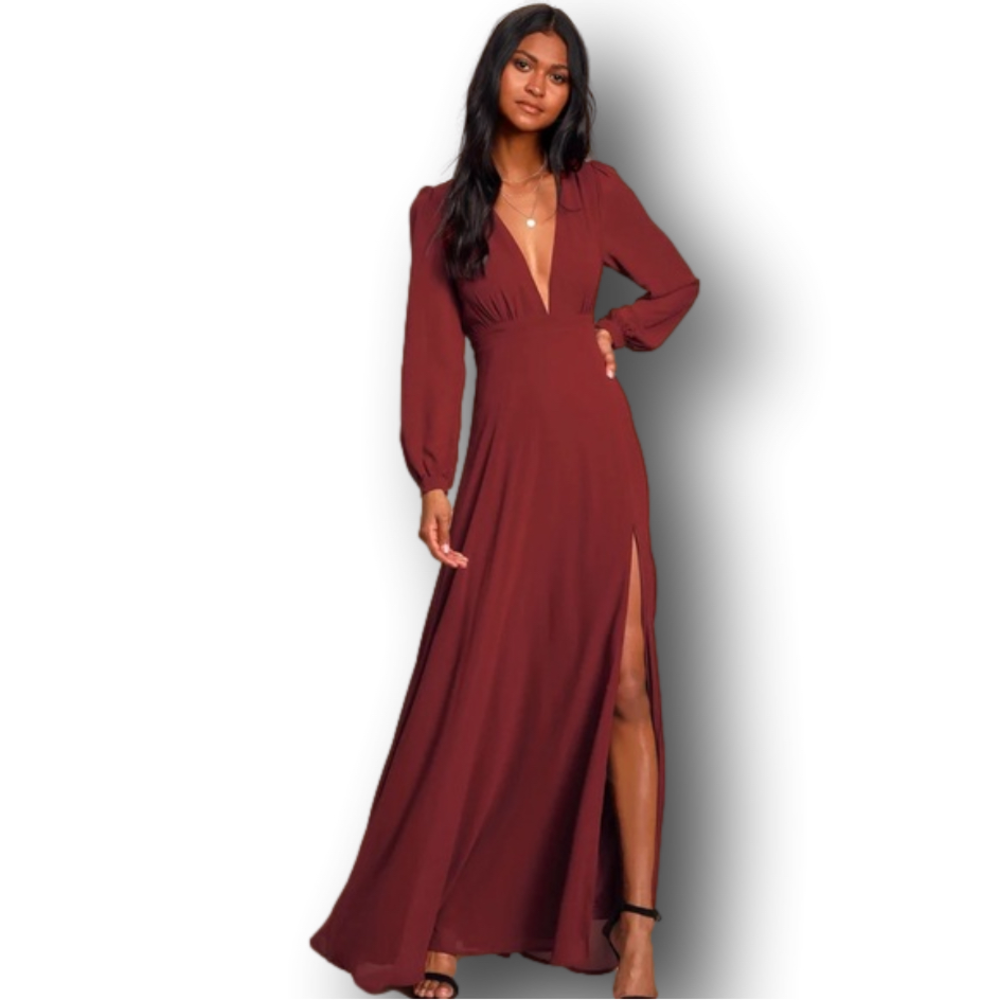LULUS All My Life Maxi Dress Burgundy Long Sleeve Deep V Plunge Front High Slit